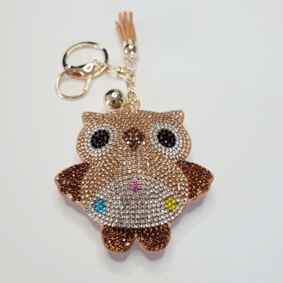 Chill Charms Of Texas Accessories - NWT Large Bling Owl Keychain Bag Charm With Tassel Brown And Gold Purse Charm